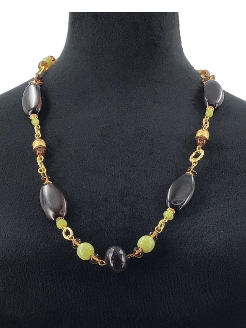 Mixed Beaded Necklace Brown Gold Tone Green Casual Work Wear Adjustable Length